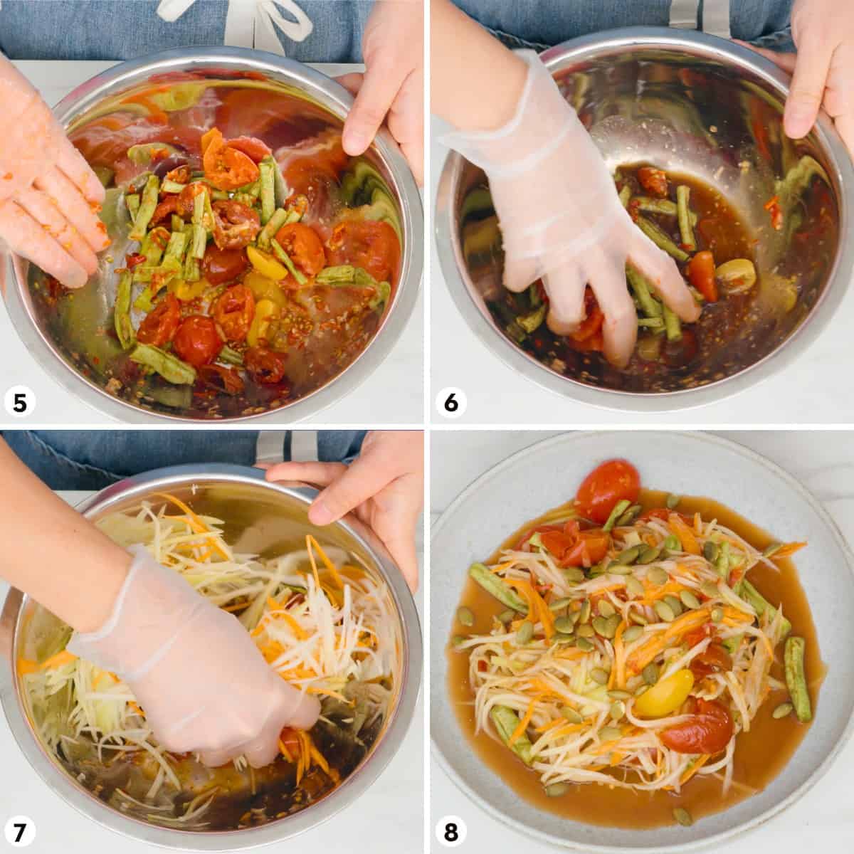 Process shots for how to make papaya salad without using a mortar and pestle steps 5-8