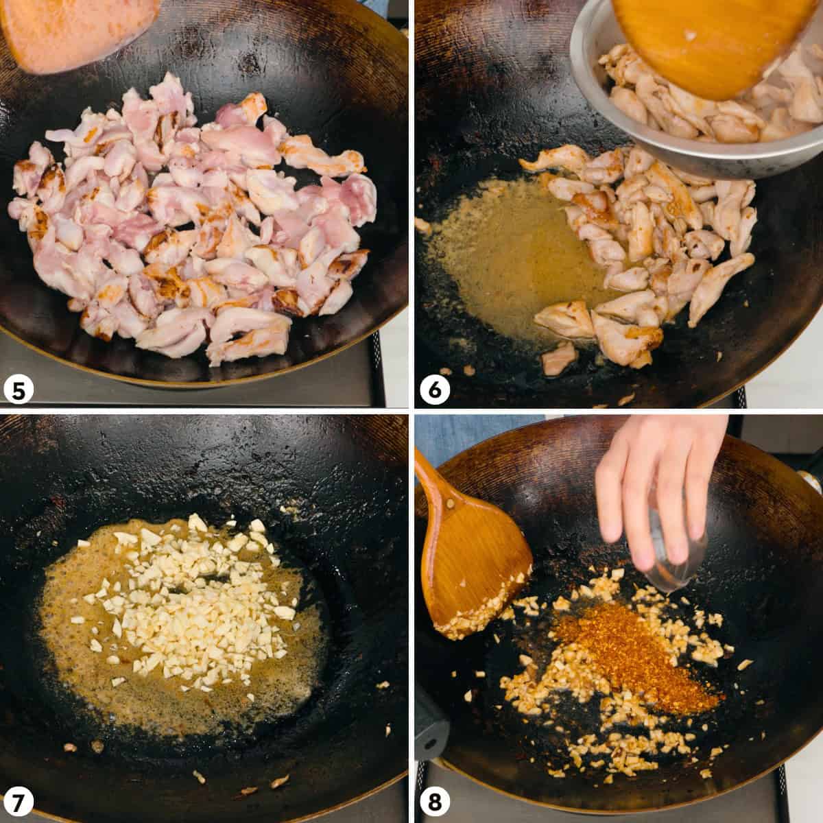 Process shots for how to make chili garlic chicken steps 5-8.