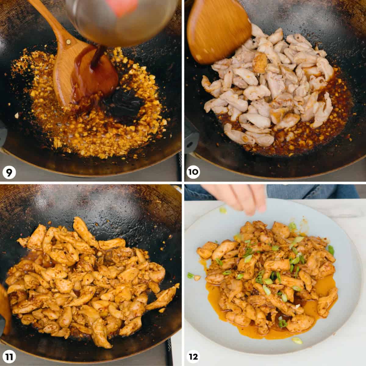 Process shots for how to make chili garlic chicken steps 9-12.