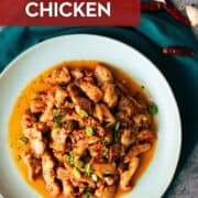 a plate of chili garlic chicken with text overlay "quick & easy chili garlic chicken".