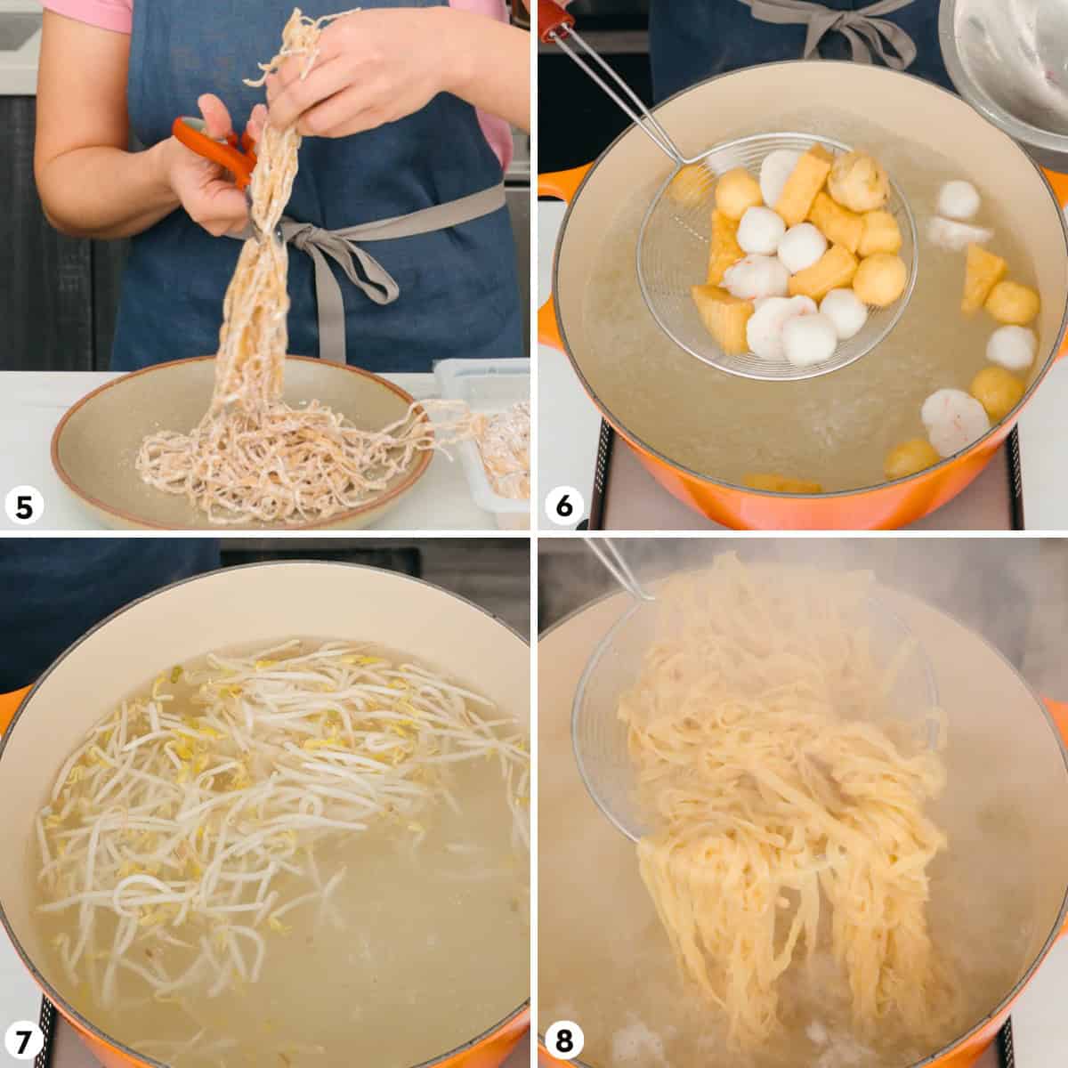 Process shots for making tossed noodles, steps 5-8