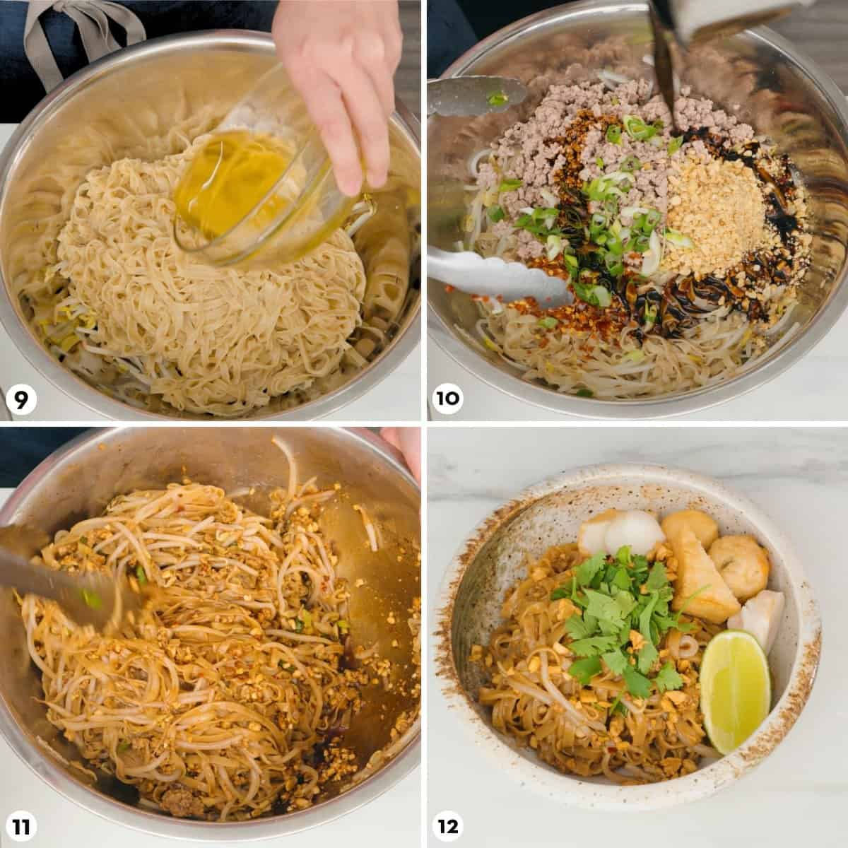 Process shots for making tossed noodles, steps 9-12