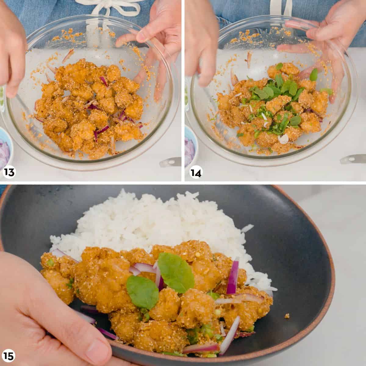 Process shots for making spicy chicken rice bowl steps 13-15